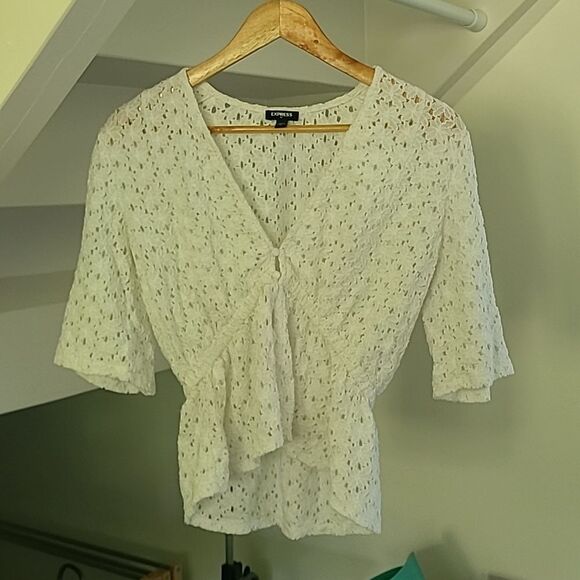 Express White lace crochet boho beach Half sleeve top size small women's summer - Picture 1 of 6